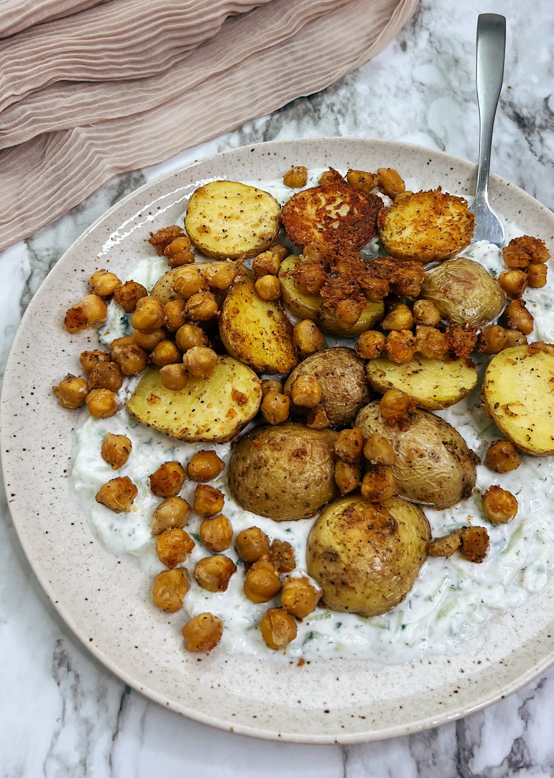 Sheet-Pan Roasted Parmesan Chickpeas and Potatoes with Yogurt Sauce