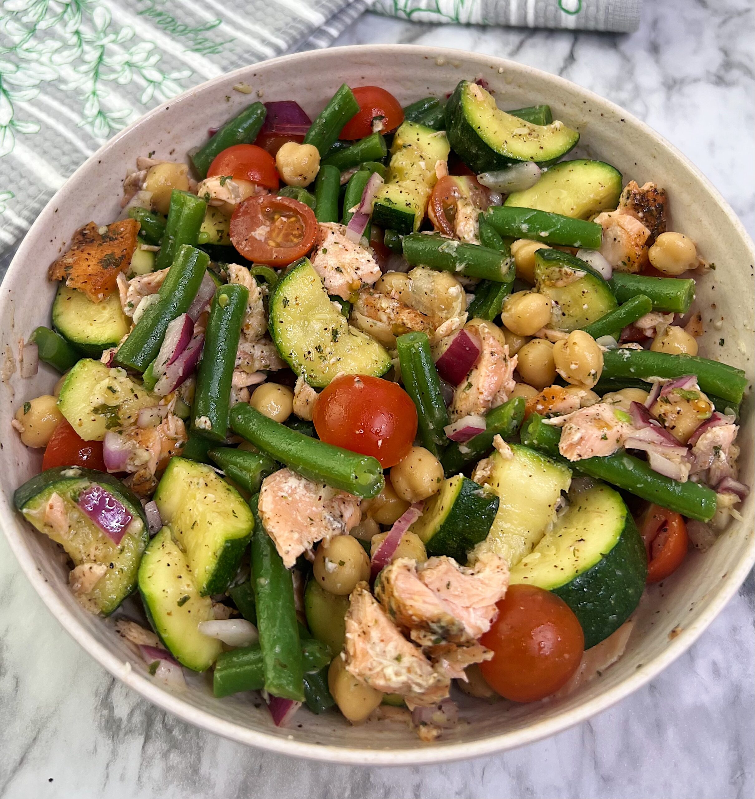 Green Bean, Zucchini, Chickpea, Salmon Salad with Dijon Lemon Dressing