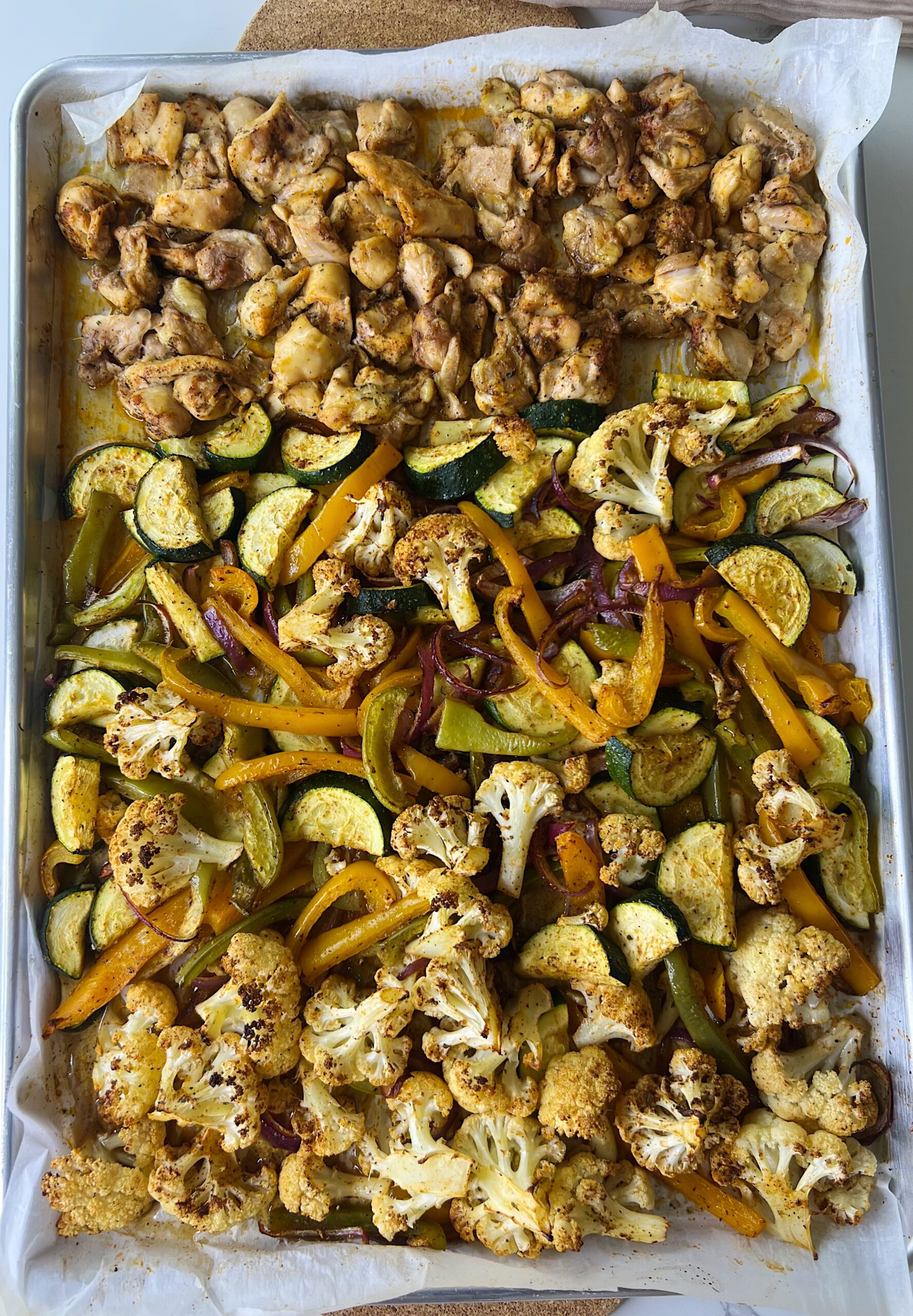 Sheet-Pan Zucchini, Cauliflower, Bell Pepper, and Chicken